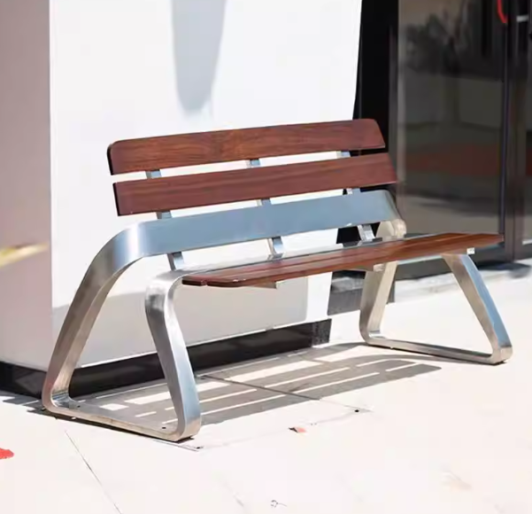 Garden Bench with Stainless Steel Legs - Slatted Hardwood Seat for Backyard & Porch