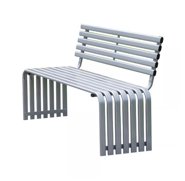 Modern Silver Metal Slat Outdoor Bench with Backrest – Minimalist Weather-Resistant Seating for Urban Spaces