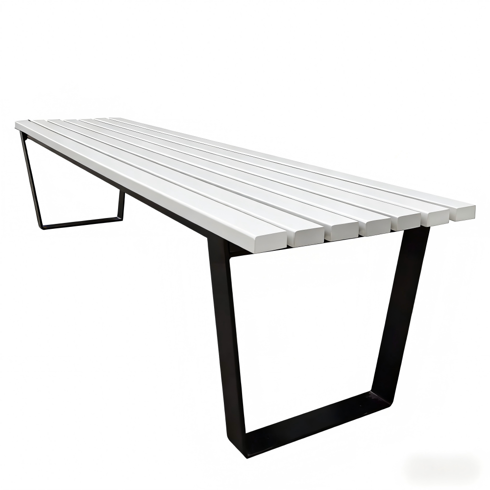 Modern Slatted Yellow Outdoor Bench with Black Metal Frame – Weather Resistant Patio Seating