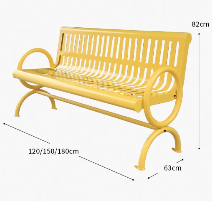 All-Metal Yellow Outdoor Bench with Backrest – Weatherproof Park & Patio Seating