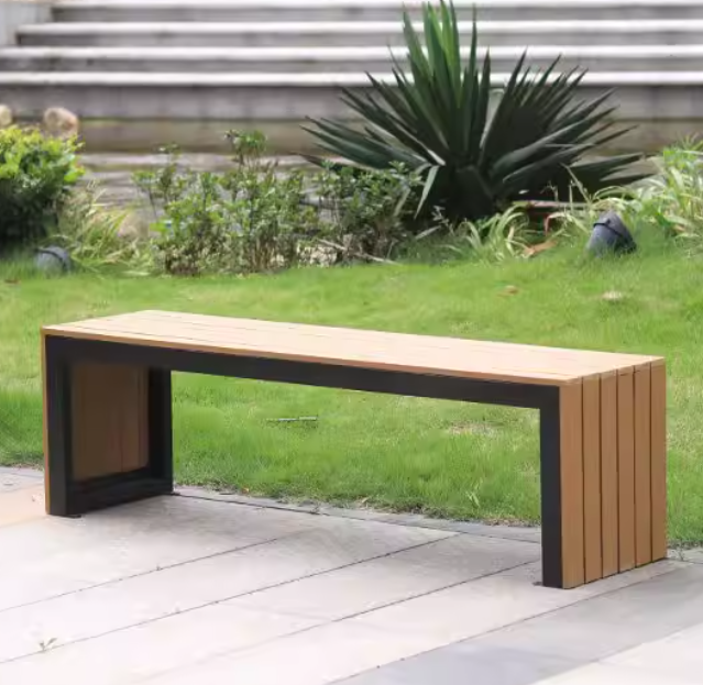 Modern Teak Slatted Outdoor Bench with Black Metal Frame – Weather-Resistant Patio & Garden Seating