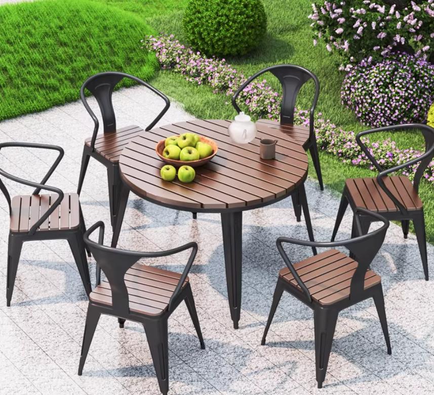 Modern Slatted Wood & Metal Outdoor Dining Set for Backyards & Patios