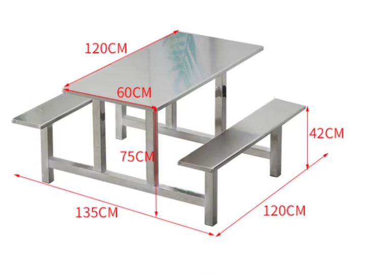 Stainless Steel 6-Seater Canteen Dining Set - Heavy Duty Integrated Table and Benches