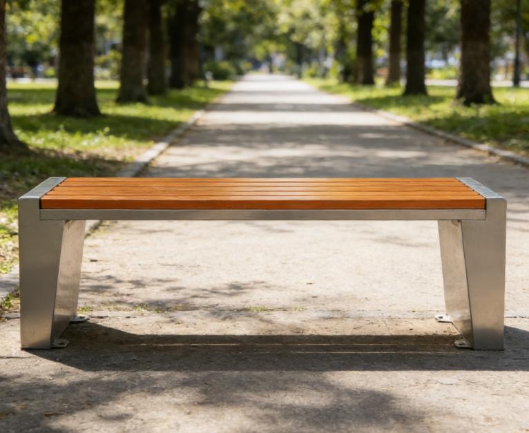 Stainless Steel Outdoor Bench with Slatted Wood Seat - Weather Resistant Patio Seating