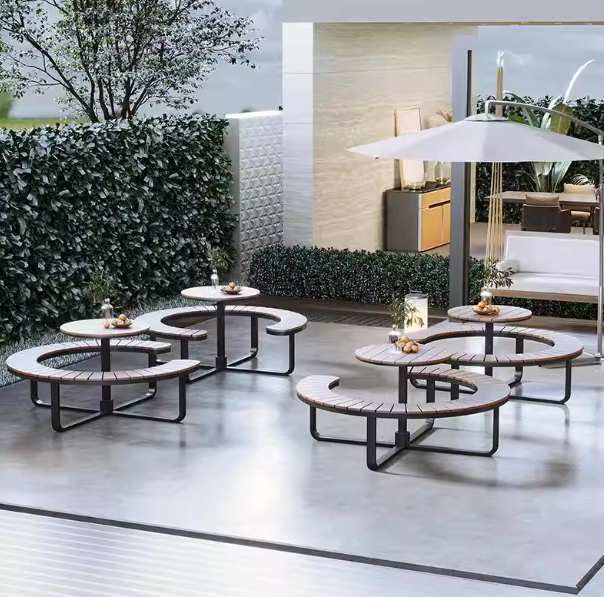 Circular Outdoor Dining Set - Weather Resistant Metal Frame with Slatted Wood Seat & Table