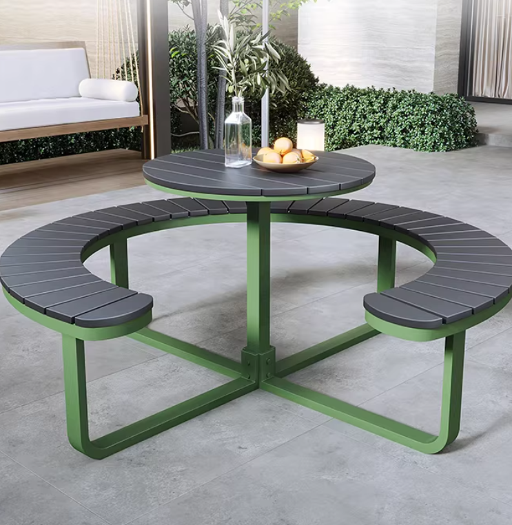 Circular Outdoor Dining Set - Weather Resistant Metal Frame with Slatted Wood Seat & Table