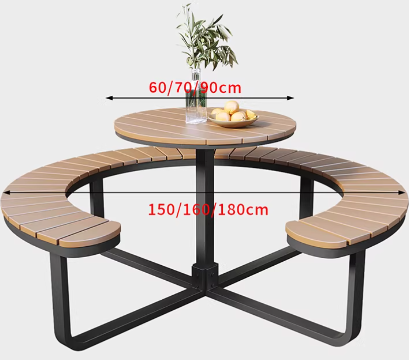 Circular Outdoor Dining Set - Weather Resistant Metal Frame with Slatted Wood Seat & Table
