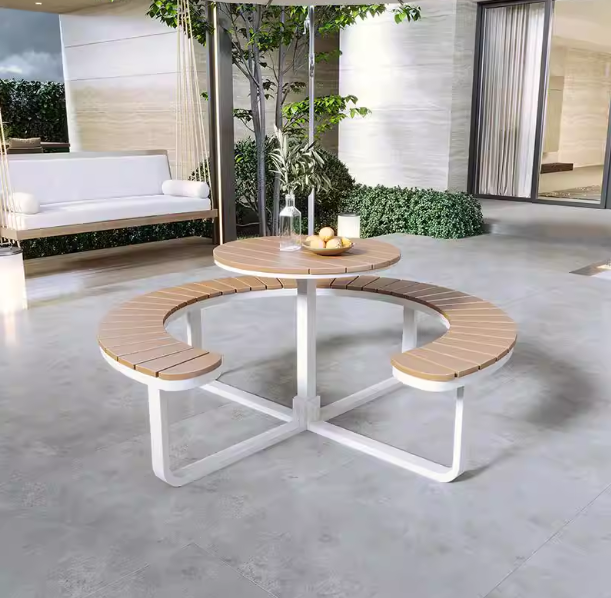 Circular Outdoor Dining Set - Weather Resistant Metal Frame with Slatted Wood Seat & Table