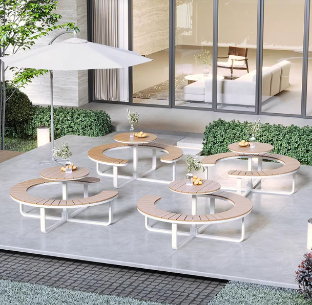 Circular Outdoor Dining Set - Weather Resistant Metal Frame with Slatted Wood Seat & Table