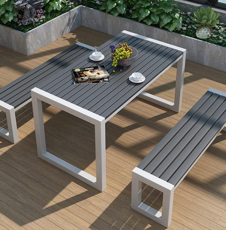 Modern Rectangular Outdoor Dining Table & Bench Set - Weather Resistant Metal Frame with Slatted Wood Seating