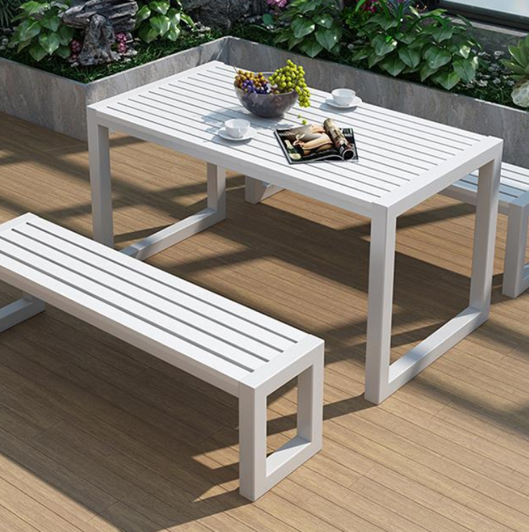 Modern Rectangular Outdoor Dining Table & Bench Set - Weather Resistant Metal Frame with Slatted Wood Seating