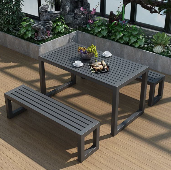 Modern Rectangular Outdoor Dining Table & Bench Set - Weather Resistant Metal Frame with Slatted Wood Seating