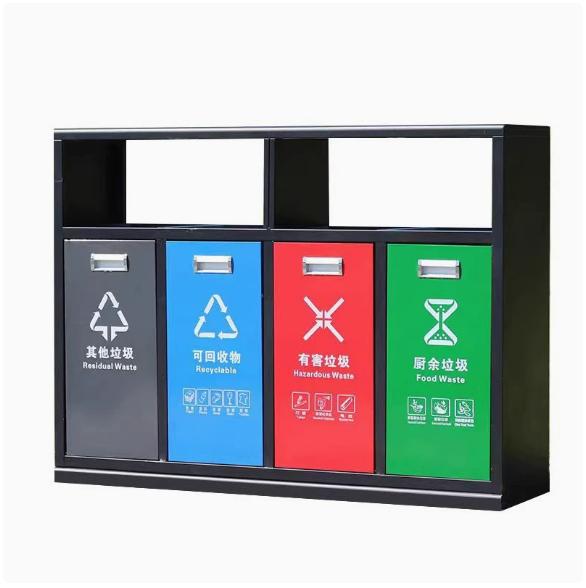 Customizable 4-Compartment Outdoor Recycling Bin - Heavy Duty Metal Multi-Stream Waste Sorting Station