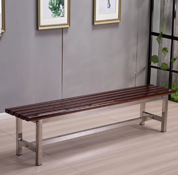 Solid Wood Long Bench Park Chair Outdoor Bench Mall Locker Room Shoe Changing Bench Bathroom Rest Bench Stainless Steel Long Bench