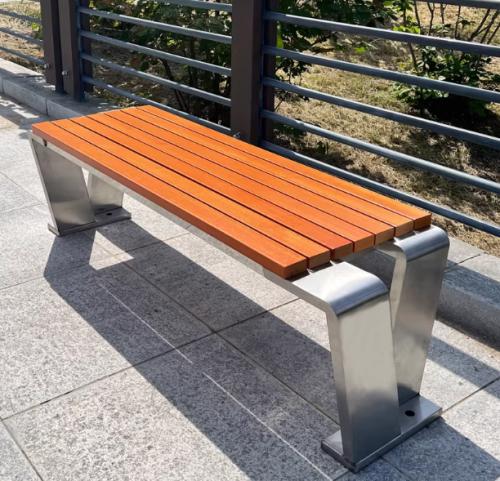 Modern Commercial Grade Outdoor Bench - Stainless Steel Frame & Wooden Slats