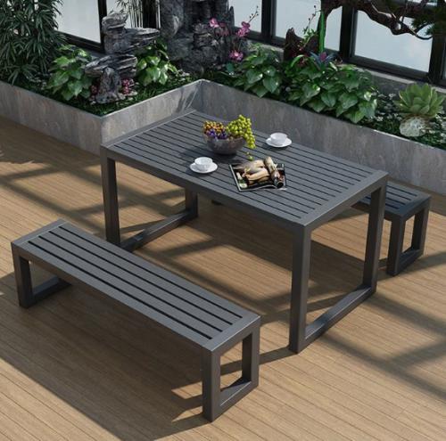 Modern Rectangular Outdoor Dining Table & Bench Set - Weather Resistant Metal Frame with Slatted Wood Seating